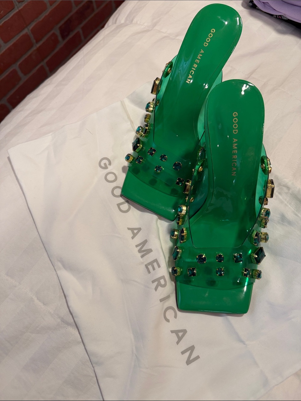 Good American Emerald Green Jeweled PVC Slide Heels